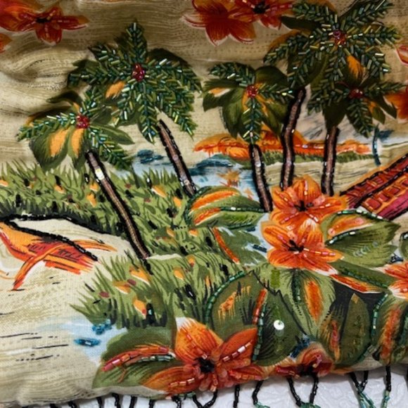 Lord & Taylor Beads Sequins Fringe Tropical Floral Handbag Top Handles - Picture 4 of 12